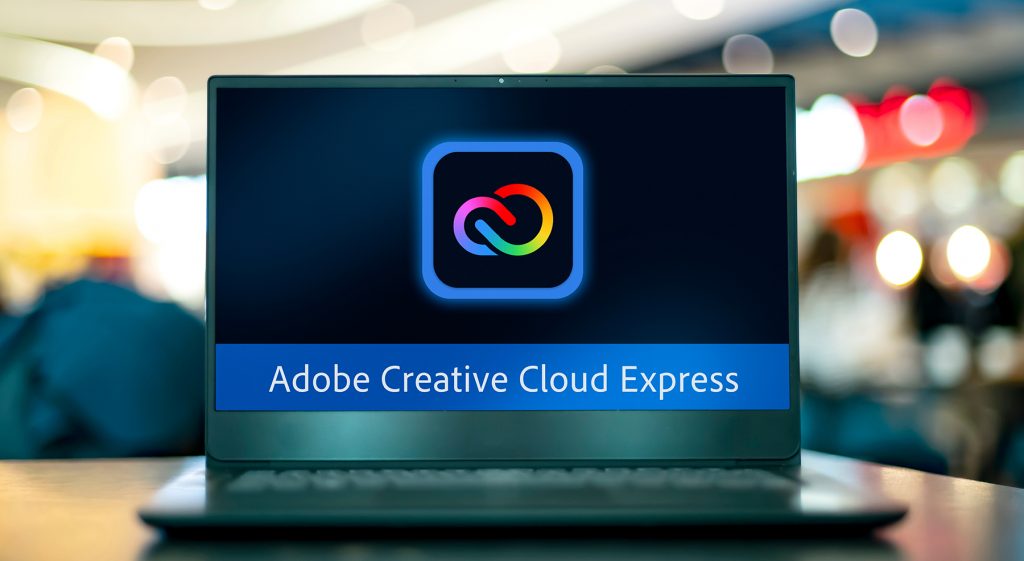 Laptop computer displaying logo of Adobe Creative Cloud Express
